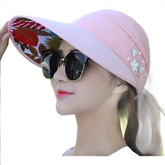 Hats for Women Foldable Sun Hat Pearl Flower Visor Suncreen Floppy Cap